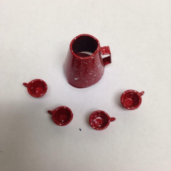 Vintage Doll House Miniatures, 5pc Red Enamelware Tea-Coffee Set (1in to 1.5in)