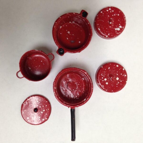 Vintage Doll House Miniatures 6pc Red Enamelware Cookware with Lid(1in to 1.5in)