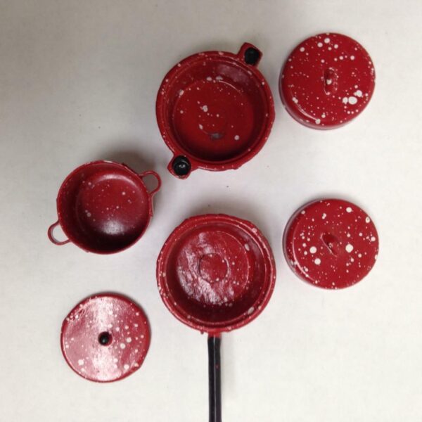 Vintage Doll House Miniatures 6pc Red Enamelware Cookware with Lid(1in to 1.5in)