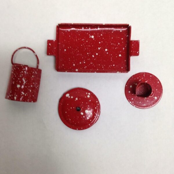 Vintage Doll House Miniatures 4pc Red Enamelware Kitchenware (1in to 2in)