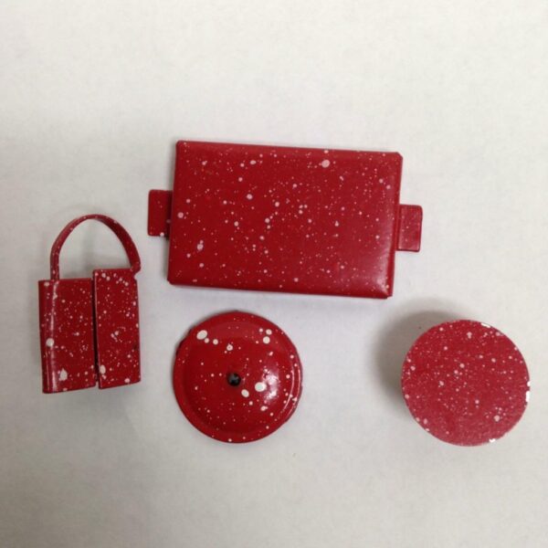 Vintage Doll House Miniatures 4pc Red Enamelware Kitchenware (1in to 2in)