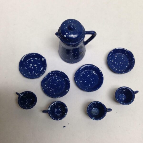 Vintage Doll House Miniatures, 10pc Blue Enamelware Tea Set (1/2-1.5in)