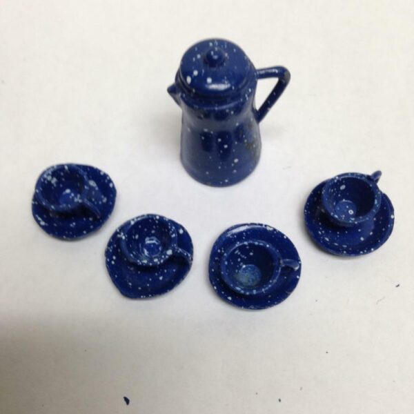 Vintage Doll House Miniatures, 10pc Blue Enamelware Tea Set (1/2-1.5in)