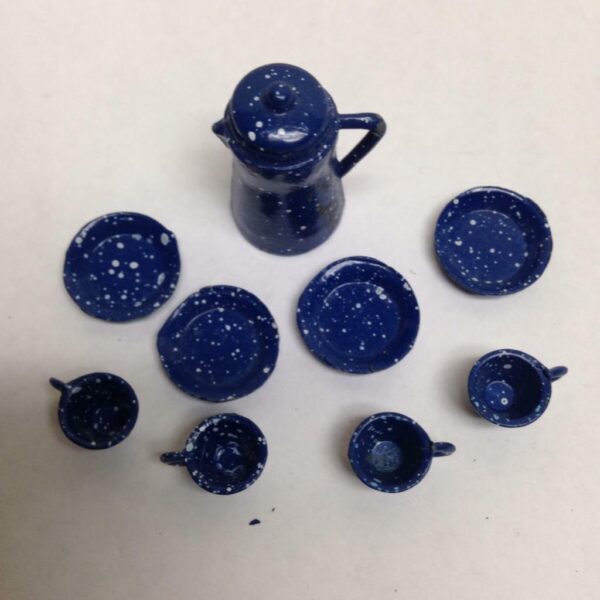 Vintage Doll House Miniatures, 10pc Blue Enamelware Tea Set (1/2-1.5in)