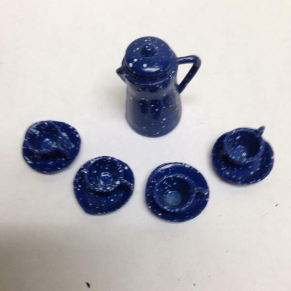 Vintage Doll House Miniatures, 10pc Blue Enamelware Tea Set (1/2-1.5in)