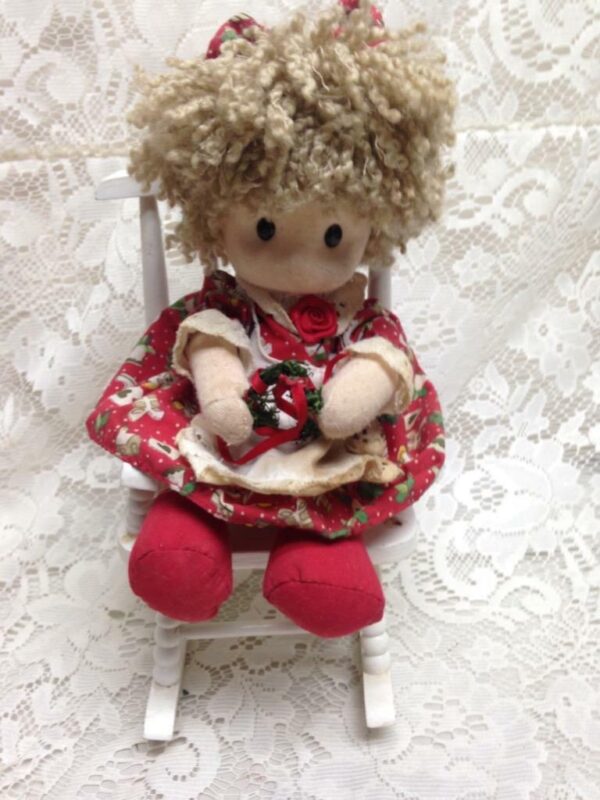 Vintage Christmas Doll in White Chair 11in x 6in x 5in