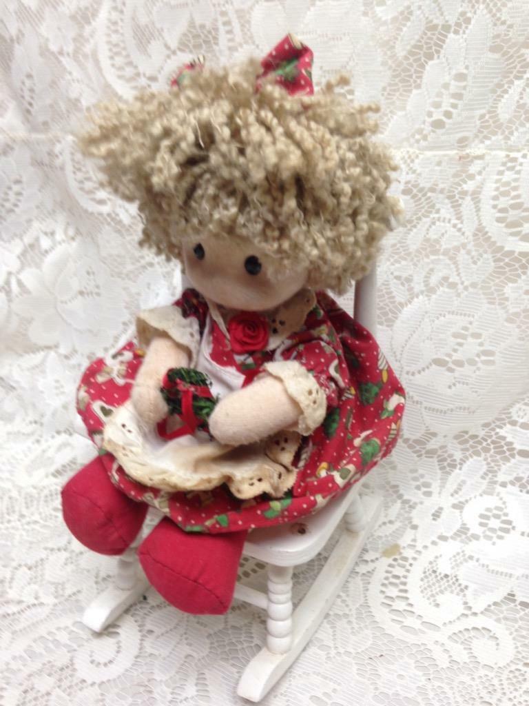 Vintage Christmas Doll in White Chair 11in x 6in x 5in