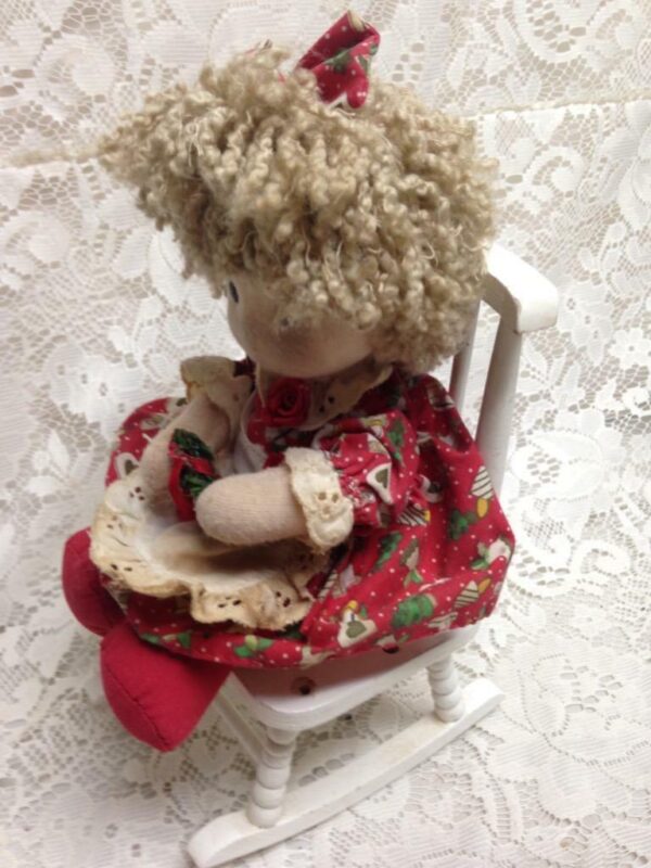 Vintage Christmas Doll in White Chair 11in x 6in x 5in