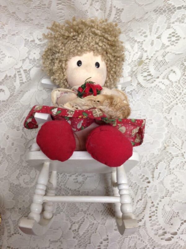 Vintage Christmas Doll in White Chair 11in x 6in x 5in