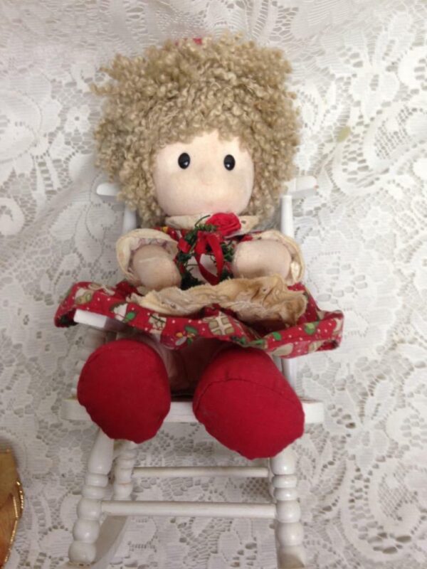 Vintage Christmas Doll in White Chair 11in x 6in x 5in