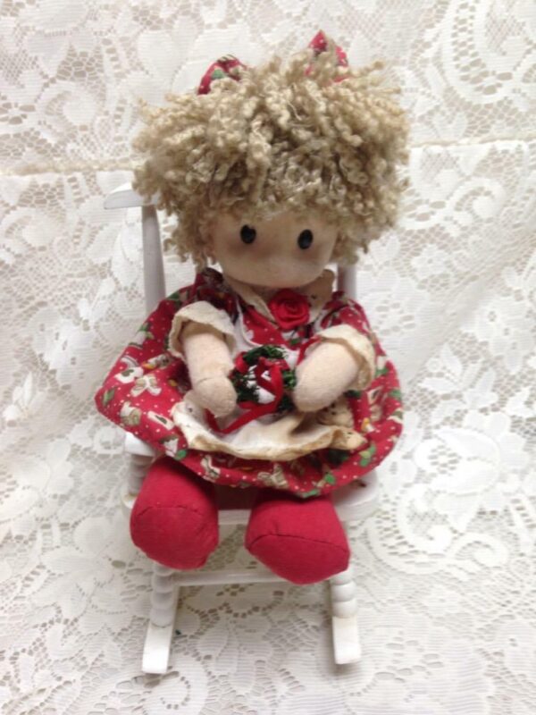 Vintage Christmas Doll in White Chair 11in x 6in x 5in