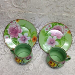 Vintage MacKenzie Childs Green Floral Enamelware 4pcTea Set