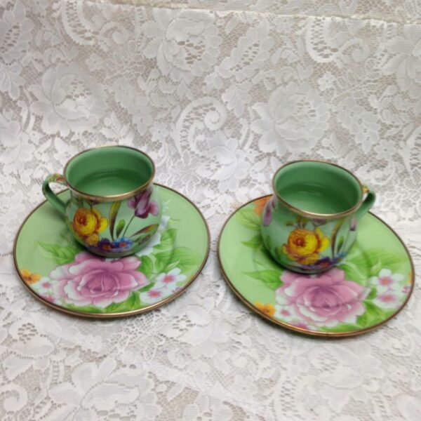 Vintage MacKenzie Childs Green Floral Enamelware 4pcTea Set