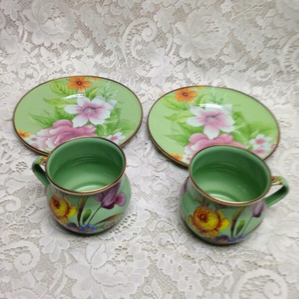 Vintage MacKenzie Childs Green Floral Enamelware 4pcTea Set