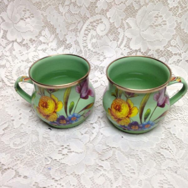 Vintage MacKenzie Childs Green Floral Enamelware 4pcTea Set