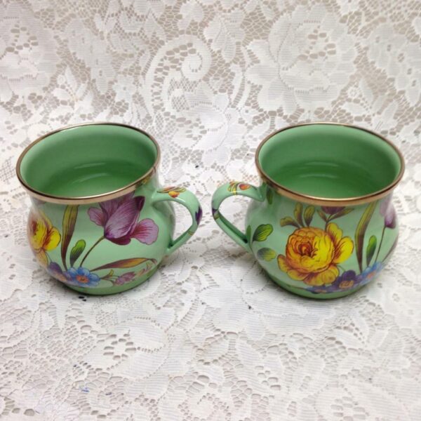 Vintage MacKenzie Childs Green Floral Enamelware 4pcTea Set