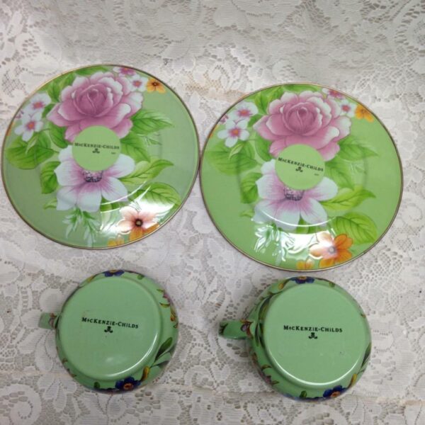 Vintage MacKenzie Childs Green Floral Enamelware 4pcTea Set