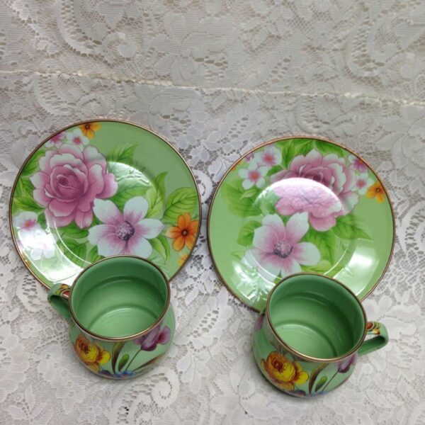 Vintage MacKenzie Childs Green Floral Enamelware 4pcTea Set