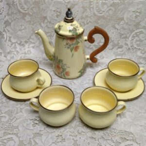 Vintage MacKenzie Childs Beige Floral Enamelware 8pcTea Set