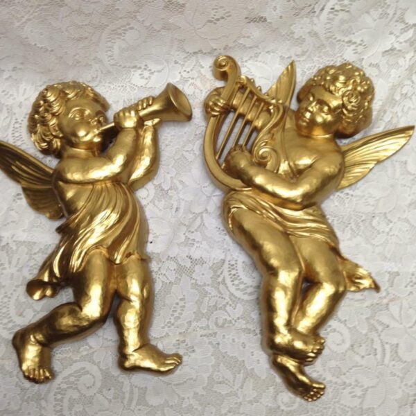 Vintage, Syroco 1963 Pair of Large, Gold Cherubs Wall Decor 16in x 11in each