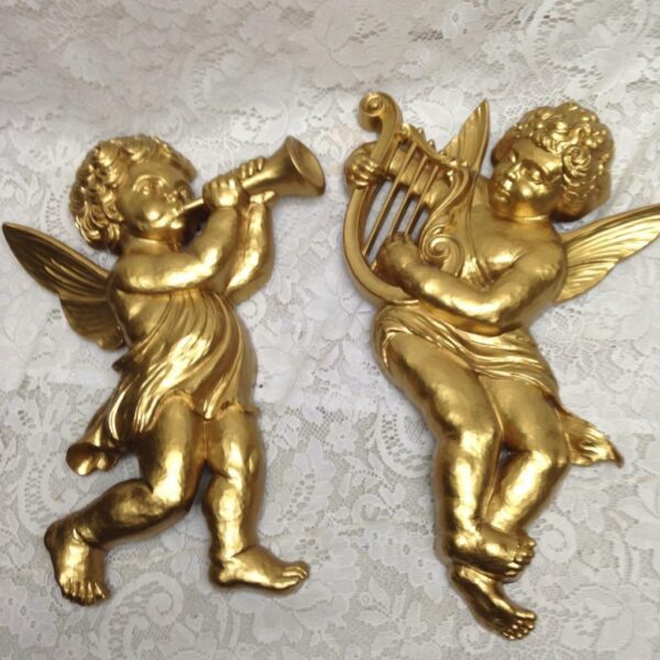 Vintage, Syroco 1963 Pair of Large, Gold Cherubs Wall Decor 16in x 11in each