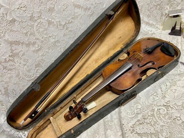 Antique, 19th C Handcrafted Violin with Original Wooden Case and Bow