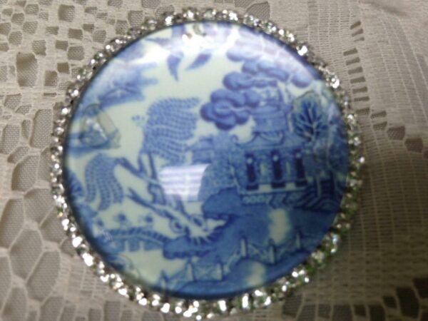 Beautiful, 45mm Blue Willow Brooch with Rhinestones