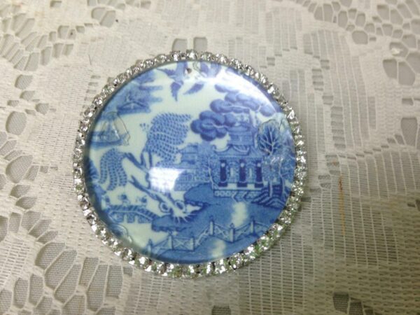 Beautiful, 45mm Blue Willow Brooch with Rhinestones