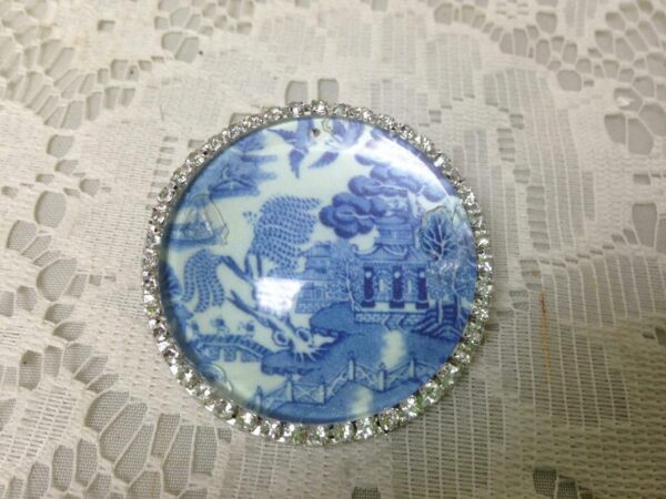 Beautiful, 45mm Blue Willow Brooch with Rhinestones