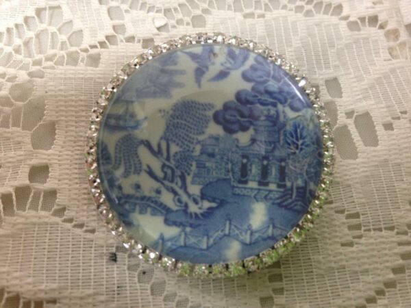 Beautiful, 45mm Blue Willow Brooch with Rhinestones