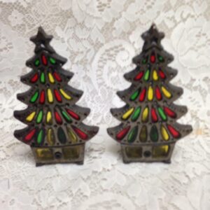 Vintage Pair of Christmas Tree Leaded Glass Candle Holder 6in x 4in x 2.5in