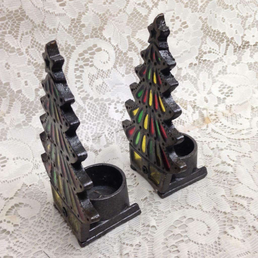 Vintage Pair of Christmas Tree Leaded Glass Candle Holder 6in x 4in x 2.5in