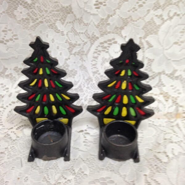 Vintage Pair of Christmas Tree Leaded Glass Candle Holder 6in x 4in x 2.5in