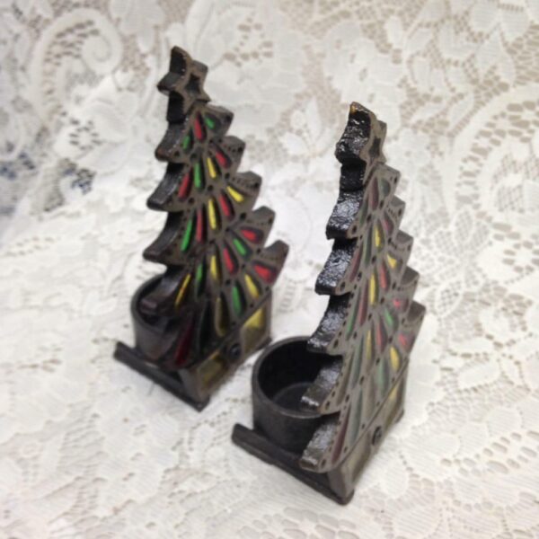 Vintage Pair of Christmas Tree Leaded Glass Candle Holder 6in x 4in x 2.5in