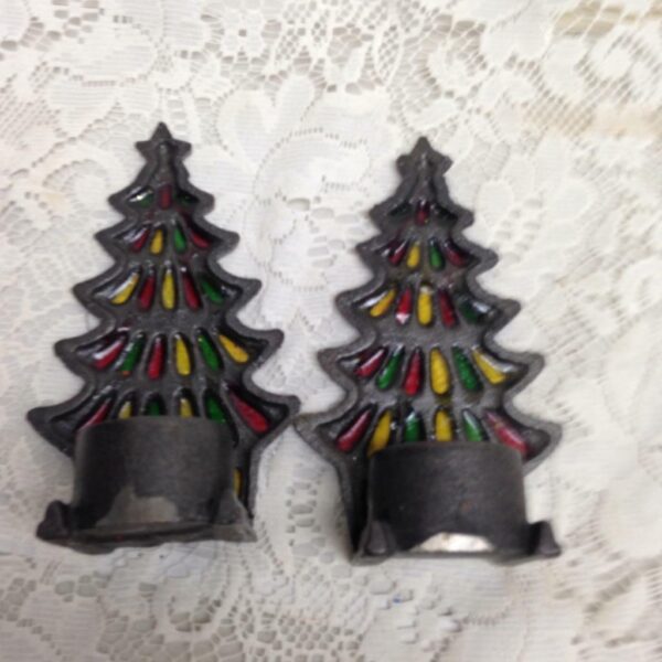 Vintage Pair of Christmas Tree Leaded Glass Candle Holder 6in x 4in x 2.5in