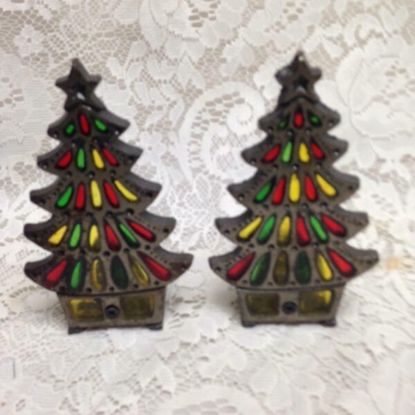 Vintage Pair of Christmas Tree Leaded Glass Candle Holder 6in x 4in x 2.5in