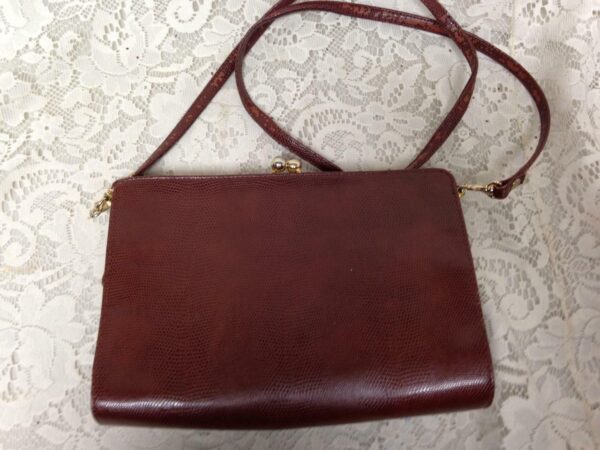 Vintage, Faux Snakeskin Leather, Burgundy Handbag-Crossbody 10in x 7in x 2in