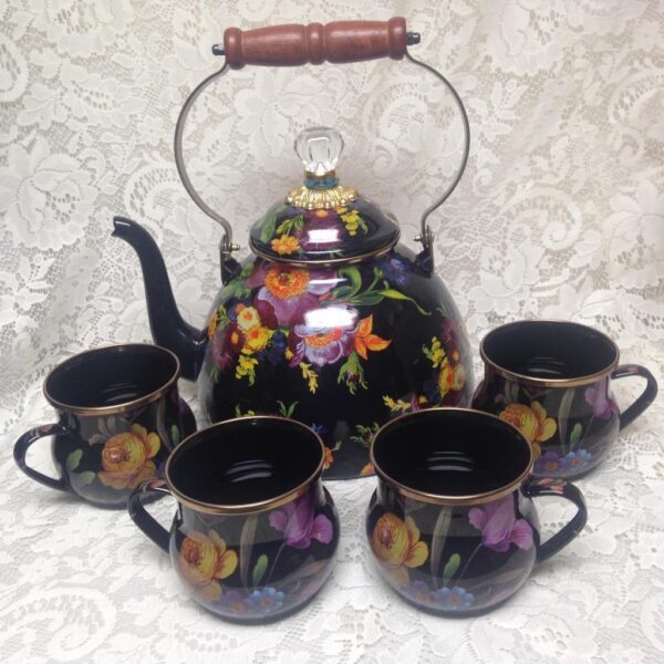 MacKenzie Childs Black Flower Market Enamelware 4.5 Qts Tea Kettle with 4 Mugs