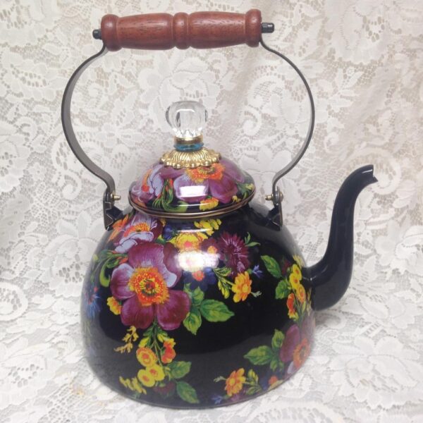 MacKenzie Childs Black Flower Market Enamelware 4.5 Qts Tea Kettle with 4 Mugs