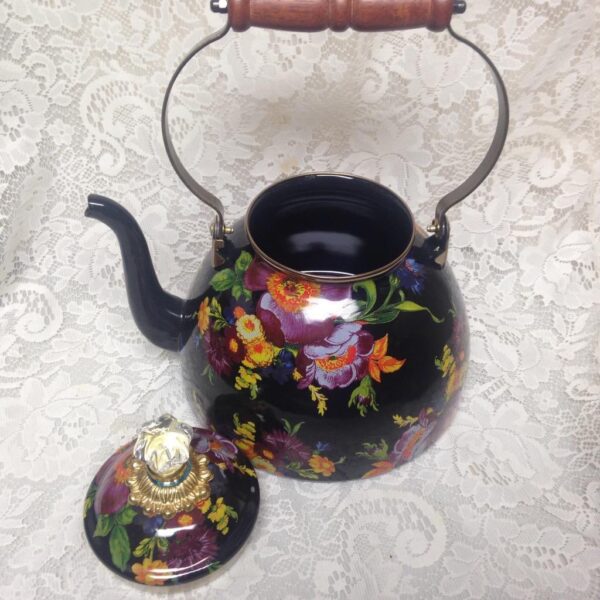 MacKenzie Childs Black Flower Market Enamelware 4.5 Qts Tea Kettle with 4 Mugs