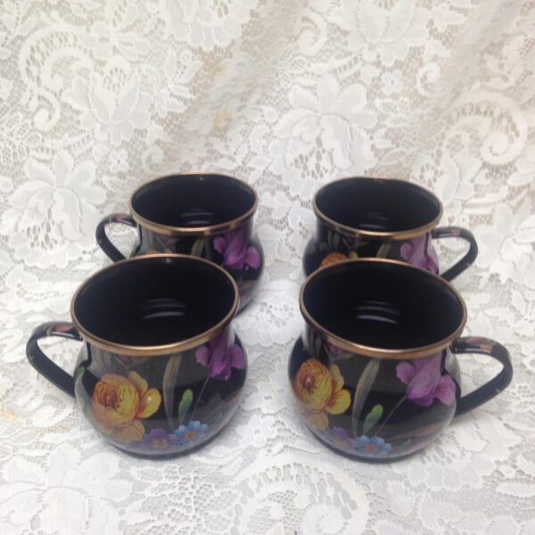 MacKenzie Childs Black Flower Market Enamelware 4.5 Qts Tea Kettle with 4 Mugs