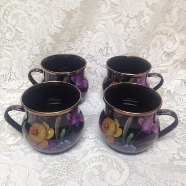 MacKenzie Childs Black Flower Market Enamelware 4.5 Qts Tea Kettle with 4 Mugs