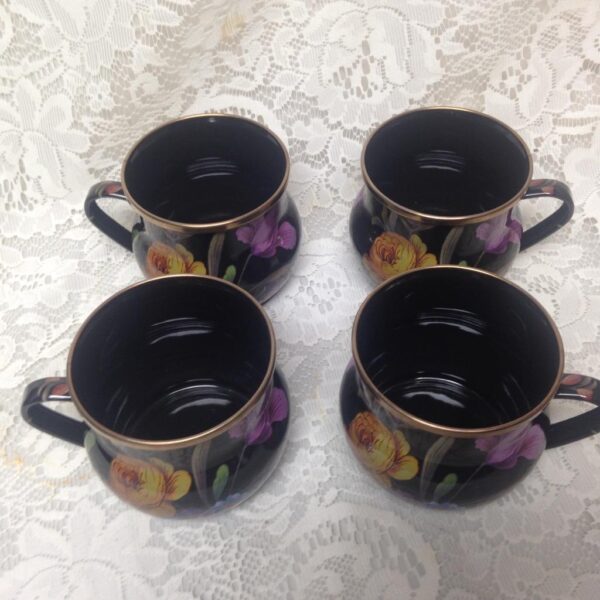 MacKenzie Childs Black Flower Market Enamelware 4.5 Qts Tea Kettle with 4 Mugs