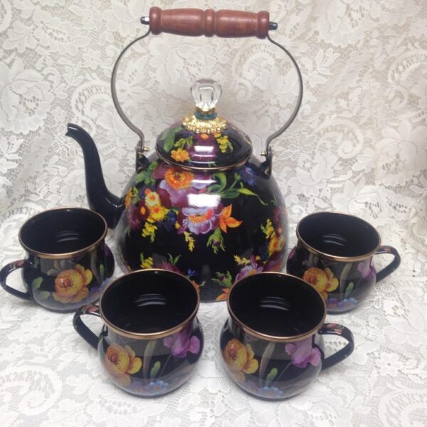 MacKenzie Childs Black Flower Market Enamelware 4.5 Qts Tea Kettle with 4 Mugs