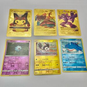 Lot (C) 3 Pokemon Reverse Holo Cards and 3 Pokemon Gold Fan Arts