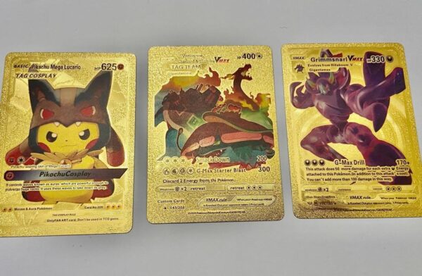 Lot (C) 3 Pokemon Reverse Holo Cards and 3 Pokemon Gold Fan Arts