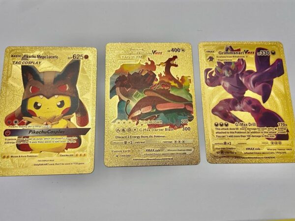 Lot (C) 3 Pokemon Reverse Holo Cards and 3 Pokemon Gold Fan Arts