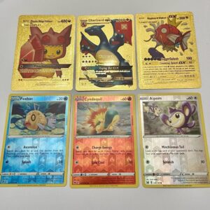 Lot (J) 3 Pokemon Reverse Holo Cards and 3 Pokemon Gold Fan Arts