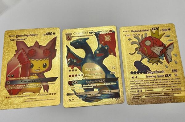 Lot (J) 3 Pokemon Reverse Holo Cards and 3 Pokemon Gold Fan Arts