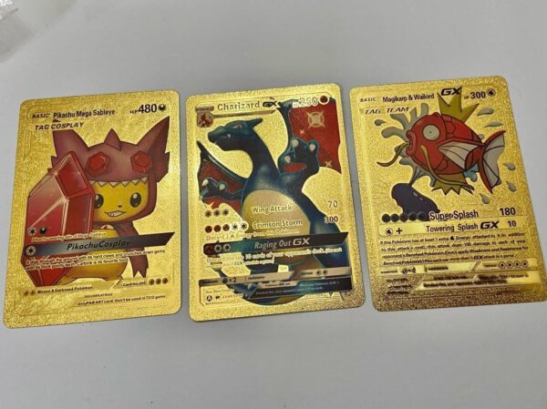 Lot (J) 3 Pokemon Reverse Holo Cards and 3 Pokemon Gold Fan Arts